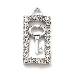 Crystal Alloy Rhinestone Pendants, Platinum Tone Hollow Out Rectangle with Key Charms, Crystal, 18x8.5x2.2mm, Hole: 1.6mm