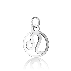 Leo 304 Stainless Steel Charms, with Jump Rings, Polished, Flat Round with Constellation, Leo, 13x11x1mm, Hole: 2.5mm