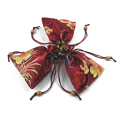 Dark Red Chinese Style Flower Pattern Satin Jewelry Packing Pouches, Drawstring Gift Bags, Rectangle, Dark Red, 14.5x10.5cm