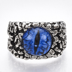 Blue Alloy Glass Cuff Finger Rings, Wide Band Rings, Dragon Eye, Antique Silver, Blue, Size 10, 20mm