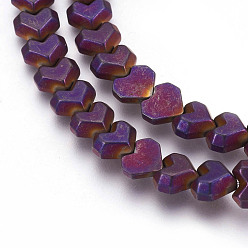 Purple Plated Electroplated Non-magnetic Synthetic Hematite Beads Strands, Frosted, Heart, Purple Plated, 8x7x3mm, Hole: 0.8mm, about 65pcs/strand, 15.94 inch(40.5cm)