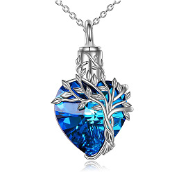 Deep Sky Blue Heart with Tree of Life Glass Urn Pendant Necklaces, Stainless Steel Chain Necklaces, Deep Sky Blue, 21.65 inch(55cm)