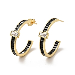 Black Cubic Zirconia Rectangle Stud Earrings, Real 18K Gold Plated Brass Half Hoop Earrings for Women, Black, 25x3.5mm, Pin: 0.8mm