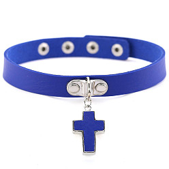 Blue PU Leather Adjustable Choker Necklace, Alloy Cross Pendant Necklace with Stainless Steel Snap Buttons for Women, Blue, 15.75 inch(40cm)