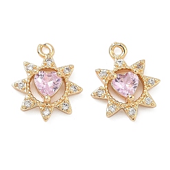 Pink День святого валентина латунь микропаве подвески из фианита, цветок с подвесками в виде сердечек, реальный 18 k позолоченный, розовые, 13x10.5x3.5 мм, отверстие : 1.8 мм