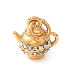Real 18K Gold Plated 304 Stainless Steel Rhinestone Pendants, Teapot Charms, Real 18K Gold Plated, 11.5x11.5x8.5mm, Hole: 4mm