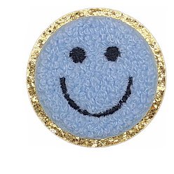 Cornflower Blue Flat Round with Smiling Face Computerized Towel Embroidery Cloth Iron on/Sew on Patches, Chenille Appliques, Costume Accessories, Cornflower Blue, 50mm