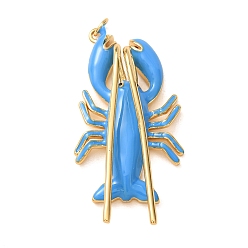 Deep Sky Blue Brass with Enamel Pendants, Lobster Charms, Rack Plating, Long-Lasting Plated, Lead Free & Cadmium Free, Real 18K Gold Plated, Deep Sky Blue, 48x26x10mm, Hole: 3mm