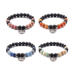 Mixed Stone Round Natural Mixed Gemstone Beads Stretch Bracelet, Tree of Life Flat Round Alloy Charm Bracelet, Energy 7 Chakra Jewelry for Her, Inner Diameter: 2-1/4 inch(5.8cm)