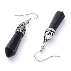 Obsidian Natural Obsidian Dangle Earrings, with Platinum Plated Alloy Findings, Bullet, 48mm, Pin: 0.5mm