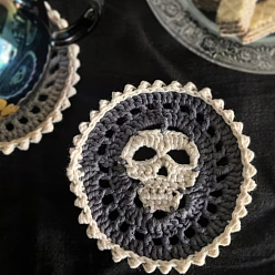 Dark Gray Halloween Theme Polyester Crochet Cup Mats, Antiskid Macrame Coasters, Flat Round with Skull, Dark Gray, 120mm