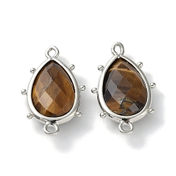 Tiger Eye Natural Tiger Eye Connector Charms, with Platinum Plated Brass Edge Loops, Faceted, Teardrop, 24x14.5x5mm, Hole: 1.2mm & 1.4mm
