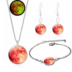 Red Alloy & Glass Moon Effect Luminous Jewerly Sets, Including Bracelets, Earring and Necklaces, Red