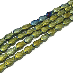 Зеленое Покрытие Полная покрытием матовый Electroplate стекло рыбы бисер пряди, зеленый покрытием, 15x8x5 мм, отверстие : 1 мм, около 30 шт / нитка, 16 дюйм