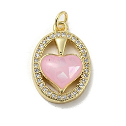 Pink Brass Micro Pave Cubic Zirconia Pendants, with Enamel Shell, Oval with Heart, Pink, 21x14x4mm
