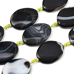 Черный Натуральные полосатые агатовые бусы, окрашенная и подогревом, Плоско-овальные, чёрные, 40~42x31~34x6~8 мм, отверстие : 2 мм, около 8 шт / нитка, 15.94''~16.54'' (40.5~42 см)