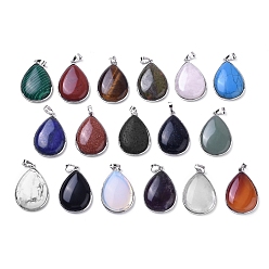 Mixed Stone Natural & Synthetic Mixed Gemstone Pendants, with Platinum Tone Brass Findings, Teardrop, 37.5x25.5x6.5~8mm, Hole: 8x5mm