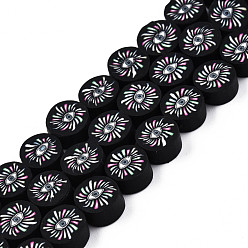 Black Handmade Polymer Clay Beads Strands, Flat Round with Eye, Black, 9~10x4.5~5mm, Hole: 1.2~1.6mm, about 40pcs/strand, 14.17 inch(36cm)