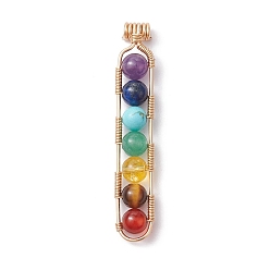 Mixed Stone Chakra Gemstone Round Beaded Big Pendants, Light Gold Plated Alloy Oval Charms, Mixed Dyed and Undyed, 55x10x6mm, Hole: 3mm