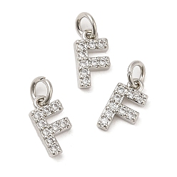 Real Platinum Plated Brass Micro Pave Grade AAA Cubic Zirconia Charms, Letter F, Cadmium Free & Nickel Free & Lead Free, Real Platinum Plated, 9x5x1.5mm, Hole: 2mm