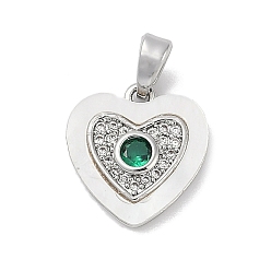 Темно-Зеленый Латунные микро проложить кубического циркония подвески, с оболочкой, сердце прелести, темно-зеленый, 13.5x13x3 мм, отверстие : 4 мм