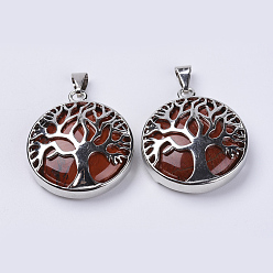Red Jasper Natural Red Jasper Pendants, with Platinum Plated Brass Findings, Flat Round with Tree of Life, 31x27x8mm, Hole: 3.5x7mm