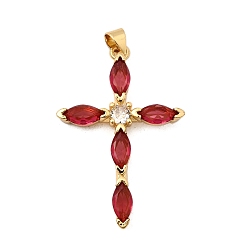 Светло-Вишневый Латунные микро проложить кубического циркония подвески, крестик, без свинца и без кадмия, долговечный, реальный 18 k позолоченный, стойки покрытие, светло-вишневый, 37x25x4 мм, отверстие : 4x3.5 мм