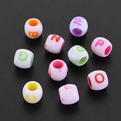 Mixed Color Craft Style Acrylic European Beads, Large Hole Beads, Barrel with Letter, Mixed Color, 9.5x8.5mm, Hole: 4.5mm, about 1250pcs/500g