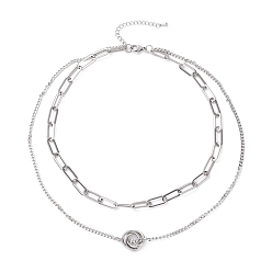 Stainless Steel Color Non-Tarnish 304 Stainless Steel Double Chains Multi Layered Necklace with Rings Charm for Women, Stainless Steel Color, 16.34 inch(41.5cm)