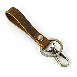 Coffee Cowhide Leather Keychain, with Belt Alloy Ring and Clasp for Car Key Holder , Coffee, 10.5cm