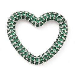 Зеленый Стойка покрытие латунь микропаве кубический цирконий сердце соединительные кольца, долговечный, без свинца и без кадмия, платина, зелёные, 20x21.5x3 мм, внутренний диаметр: 14.5x15.5 мм