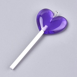 Purple Resin Big Pendants, with Platinum Plated Iron Loop, Imitation Lollipop, Heart, Purple, 71~73x29x7mm, Hole: 2mm