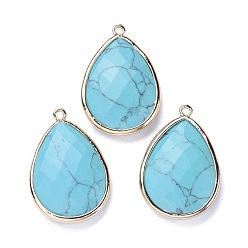 Synthetic Turquoise Faceted Synthetic Turquoise Pendants, with Light Gold Plated Brass Edge and Loop, Teardrop, 28.5~29.5x19~20x7mm, Hole: 1.2mm