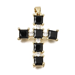 Black Brass Pave Cubic Zirconia Pendants, Cross with Square Charms, Long-Lasting Plated, Cadmium Free & Lead Free, Real 18K Gold Plated, Black, 32.5x23x3.5mm, Hole: 4x3.5mm