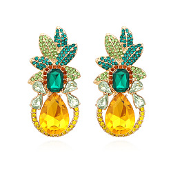 Sunflower color Sparkling Pineapple Earrings with Colorful Gems - Fashionable Alloy Fruit Ear Studs for Women