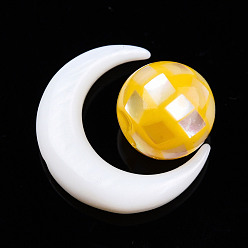 Yellow Shell Natural Freshwater Shell Beads, with Natural Yellow Shell Beads, Moon with Round, Moon: 15x12.5x3.5mm, Round: 8mm, Hole: 0.8mm, about 2pcs/set