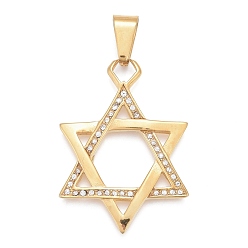 Golden 304 Stainless Steel Pendants, with Crystal Rhinestone, Star of David, Golden, 47x34x3.5mm, Hole: 6x12mm