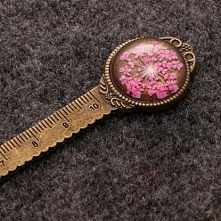 Hot Pink Alloy Ruler Bookmark, Glass Cabochon Bookmark with Dried Queen Anne's Lace Flower Inside, Hot Pink, 120mm