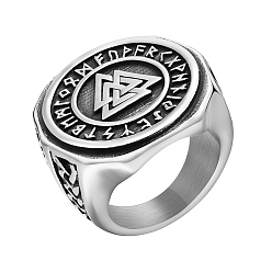 Antique Silver Stainless Steel Rune Words Viking Amulet Finger Ring, Triangle Signet Rings, Antique Silver, Inner Diameter: 18.2mm