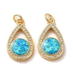 Real 18K Gold Plated Brass Micro Pave Cubic Zirconia with Synthetic Opal Pendants, with Jump Ring, Teardrop, Real 18K Gold Plated, 20.5x12x3.5mm