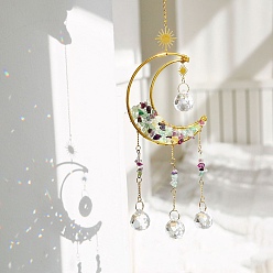 Fluorite Natural Fluorite Wrapped Moon Hanging Ornaments, Teardrop Glass Tassel Suncatchers for Home Outdoor Decoration, 450mm