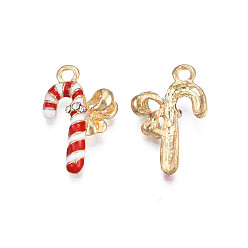 Red Rack Plating Alloy Enamel Pendants, with Crystal Rhinestone, Cadmium Free & Nickel Free & Lead Free, Light Gold, Christmas Candy Cane, Red, 22x14.5x5mm, Hole: 2mm