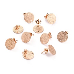 Rose Gold Ion Plating(IP) 304 Stainless Steel Stud Earring Findings, Textured Flat Round, Rose Gold, 10x1mm, Hole: 1.4mm, Pin: 0.8mm