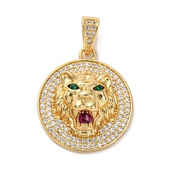 Плоский Круглый Латунные микро проложить кубического циркония подвески, лев прелести, стойки покрытие, прочное покрытие, без кадмия и без свинца, реальный 18 k позолоченный, плоско-круглые, 26x22.5x9 мм, отверстие : 2.5x6 мм