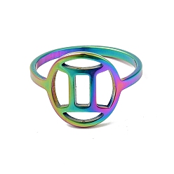 Rainbow Color Ion Plating(IP) 201 Stainless Steel Constellations Gemini Finger Ring for Women, Rainbow Color, US Size 6 3/4(17.1mm)