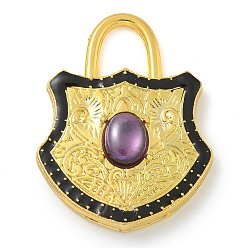 Черный Стеклянные подвески из латуни с покрытием стойки, с эмалью, долговечный, без свинца и без кадмия, реальный 18 k позолоченный, запирать, чёрные, 40x30x5.5 мм, отверстие : 9x8 мм