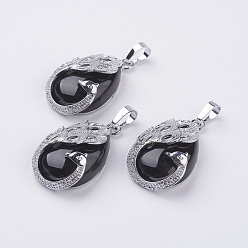 Black Agate Natural Black Agate Pendants, with Brass Finding, Teardrop with Peacock, Platinum, 33x20x10.5mm, Hole: 5x6.5mm