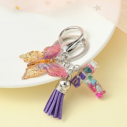 Letter T Resin Letter & Acrylic Butterfly Charms Keychain, Tassel Pendant Keychain with Alloy Keychain Clasp, Letter T, 9cm