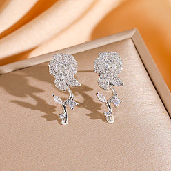 Золотой День святого Валентина 304 Серьги-гвоздики из нержавеющей стали и прозрачного кубического циркония, цветок розы, с фурнитурой латунной для серег, золотые, 30 мм