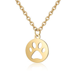 Golden 201 Stainless Steel Pendants Necklaces, Flat Round with Dog's Paw, Golden, 16.3 inch(40cm)x1mm